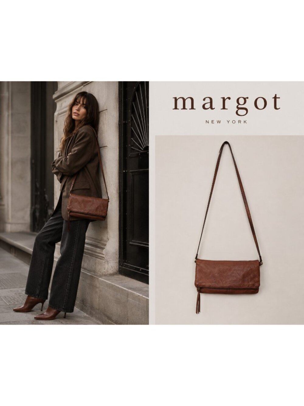 Margot New York Brown Leather Foldover Crossbody Shoulder Bag